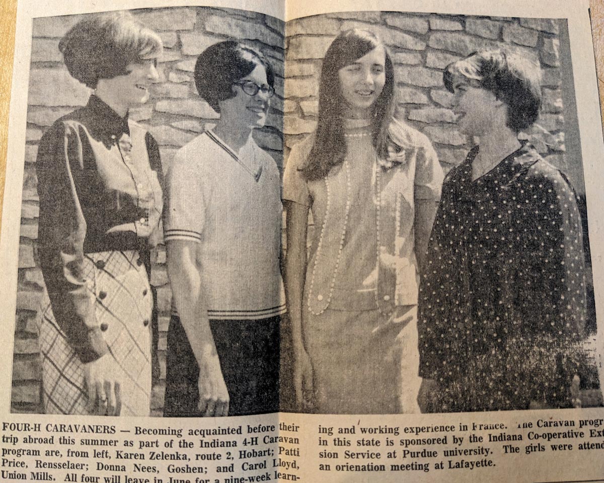 Patti Price and her 4‑H friends were featured in a local newspaper as they prepared for an exchange trip in 1969.